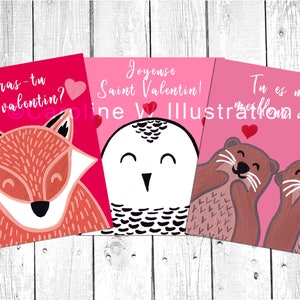 May include: Three pink Valentine's Day cards with cute animal illustrations. The first card features a red fox with the text "Seras-tu mon valentin?" The second card features a white owl with the text "Joyeuse Saint Valentin!" The third card features two brown otters with the text "Tu es mon meilleur ami!"