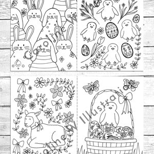 May include: A black and white coloring page with four different Easter-themed illustrations. The first illustration features a group of bunnies. The second illustration features a group of chicks. The third illustration features a lamb surrounded by flowers. The fourth illustration features a chick in a basket with eggs.