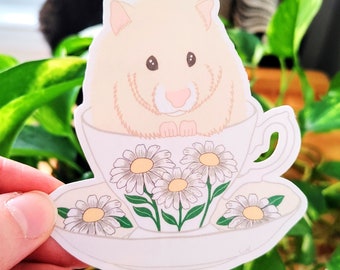 Hamster teacup sticker, hamster gift, hamster art, floral stickers, cute stickers, animal stickers, animal lover gifts, hamster lover