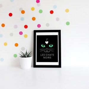 J'aime les chats noirs affiche, affiche chat noir, chat art, cadeau chat, amoureux des chats, illustration chat