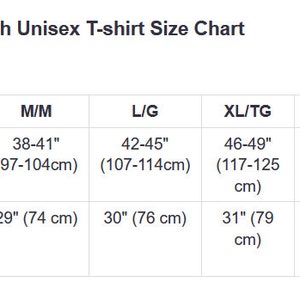 May include: A Bella Canvas 3001 Greenwich unisex t-shirt size chart. The chart shows chest to fit measurements ranging from 31-34 inches to 58-61 inches, and lengths from 27 inches to 34 inches.