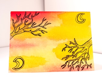 Moon and tree, tree watercolour, moon watercolour, tree painting, moon painting, nature illustration, nature wall art, tree decor