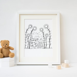 Cat art black and white, cat artwork, cat lover gift, cat nursery, cat nursery decor, cat room decor, kids illustration, cute animal art