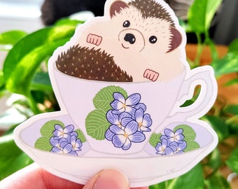 Hedgehog teacup sticker, hedgehog gifts, hedgehog art, floral stickers, cute stickers, animal stickers, animal lover gifts, pretty stickers