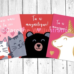 May include: Three pink and red Valentine's Day cards with illustrations of a cat, a bear, and a unicorn. The cards have the text "Meilleurs amis pour la vie", "Tu es magnifique!" and "Tu es magique!"