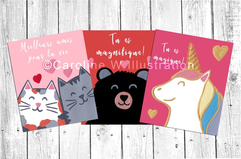 May include: Three pink and red Valentine's Day cards with illustrations of a cat, a bear, and a unicorn. The cards have the text "Meilleurs amis pour la vie", "Tu es magnifique!" and "Tu es magique!"