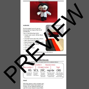 May include: A crochet pattern for a Little Dracula amigurumi doll. The pattern includes instructions for the head, using cream or skin colored yarn and a 3.75 mm crochet hook. The pattern also includes a chart on how to read crochet abbreviations.