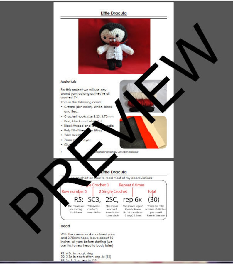 May include: A crochet pattern for a Little Dracula amigurumi doll. The pattern includes instructions for the head, using cream or skin colored yarn and a 3.75 mm crochet hook. The pattern also includes a chart on how to read crochet abbreviations.