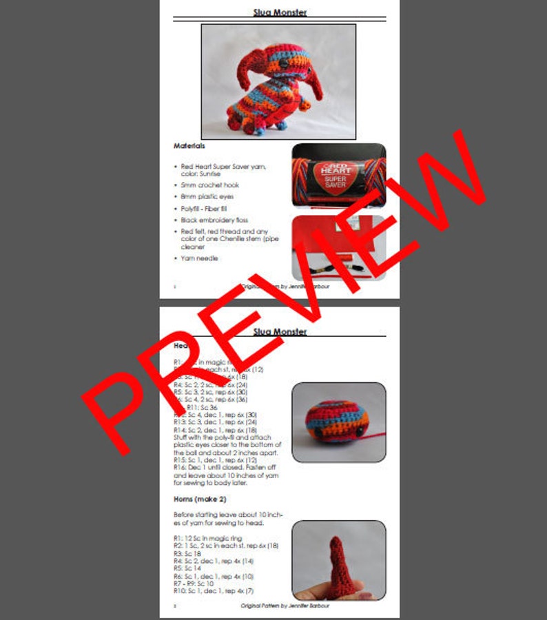 May include: Crochet pattern for a red, orange, and blue amigurumi slug monster. The pattern includes instructions for the head, horns, and sewing the pieces together. The pattern is by Jennifer Barbour.