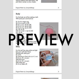 May include: Crochet pattern instructions for making a pink and white amigurumi doll. The instructions include details for making the body and belly of the doll. The image shows a close-up of the doll's body and belly.