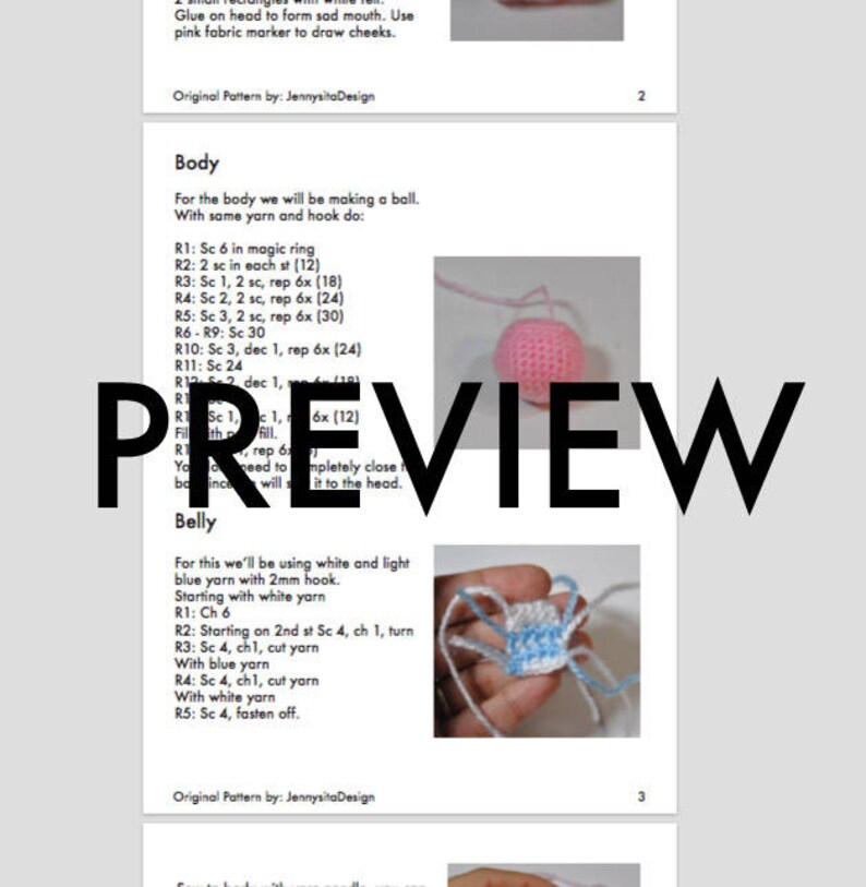 May include: Crochet pattern instructions for making a pink and white amigurumi doll. The instructions include details for making the body and belly of the doll. The image shows a close-up of the doll's body and belly.