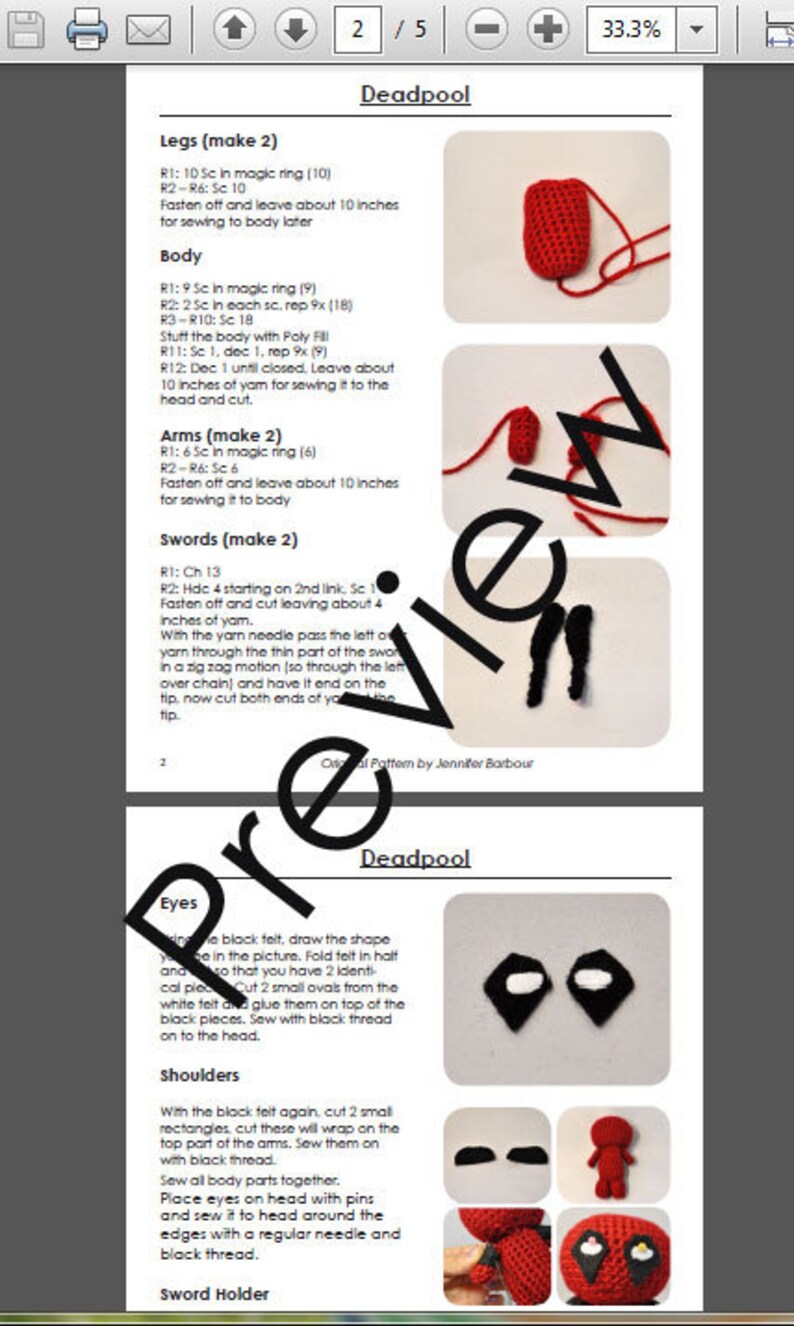 May include: Crochet pattern instructions for making a Deadpool amigurumi doll. The pattern includes instructions for the legs, body, arms, swords, eyes, shoulders, and sword holder. The pattern also includes images of the finished product.