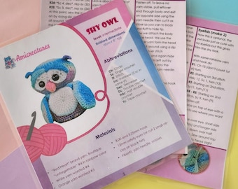 Printed Pattern - Laminated Cute Owl Crochet Pattern - Amigurumi shy owl