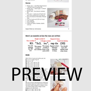 May include: Crochet pattern instructions for making a pink and white amigurumi doll. The pattern includes a list of materials, abbreviations, and step-by-step instructions for crocheting the doll's head. The image shows a close-up of the instructions for crocheting the doll's head.