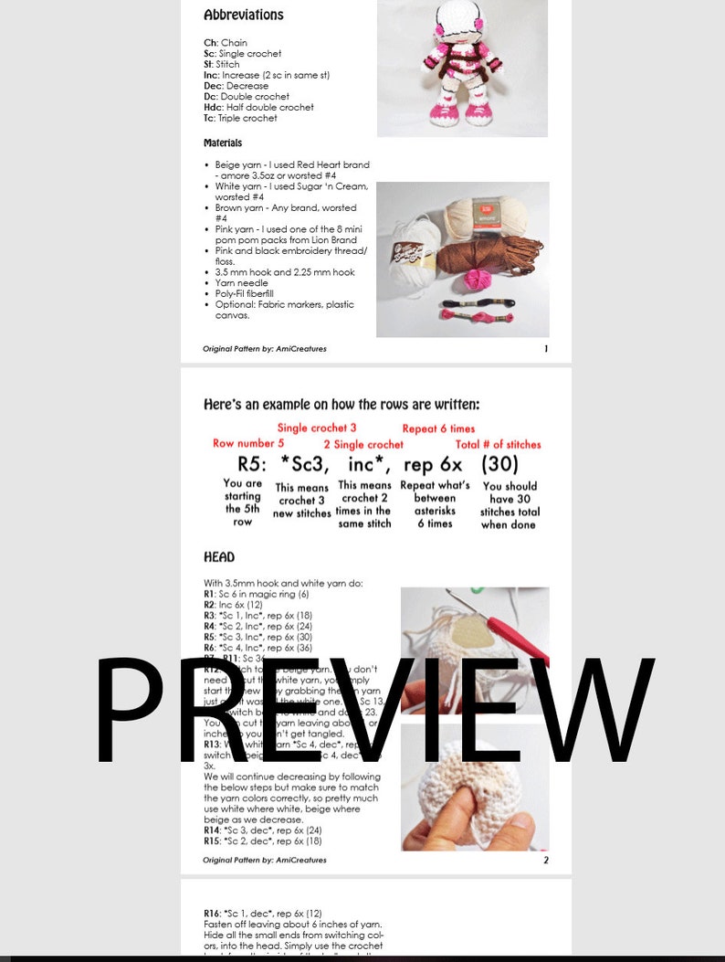 May include: Crochet pattern instructions for making a pink and white amigurumi doll. The pattern includes a list of materials, abbreviations, and step-by-step instructions for crocheting the doll's head. The image shows a close-up of the instructions for crocheting the doll's head.