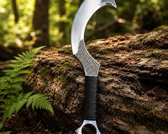 Hand Forged Carbon Steel Khopesh Decor | 13 Inch Engraved Collectible, Leather Wrapped Handle