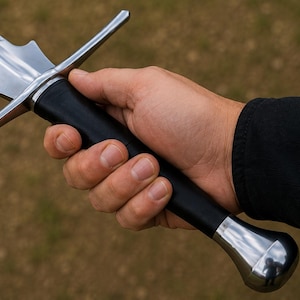 May include: A medieval sword with a polished steel blade and crossguard. The handle is wrapped in black leather and has a rounded, silver-colored pommel. The sword is held in a hand.