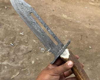 Handmade Damascus Steel Bowie Knife – Horn Handle, Leather Sheath – 17" Overall Length