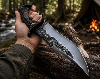 Handmade Hunting Knife – Stag Handle, Forged Steel Blade, Leather Sheath – Rustic Outdoor Collector Piece
