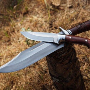 May include: Two hunting knives with polished steel blades and dark wood handles are displayed. One knife rests atop the other, showcasing the blades' sharp edges and the intricate design of the handles. The knives are set against a natural, outdoor backdrop.