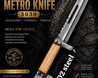 Hand Forged D2 Steel Metro Knife | 18 Inch Fixed Blade Knife with Leather Sheath | Handmade Hunting Knife | Gift for Collector
