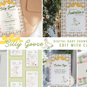 Editable Silly Goose Baby Shower Bundle Invite Goose Theme Decor Printable Games Signs Instant Download Canva Template