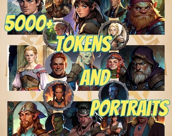 May include: A collage of fantasy character portraits and tokens. The image features a variety of characters, including elves, humans, dwarves, and other fantasy creatures. The text "5000+ TOKENS AND PORTRAITS" is displayed in yellow.
