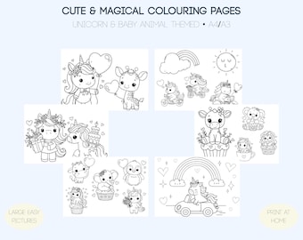 Unicorn & Baby Animal Colouring Pages | 6 Cute Printable Sheets for Kids | Toddler Colouring PDF | Instant Download Set