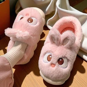 Pantuflas con orejas de conejo para mujer y hombre - Pantuflas de invierno de algodón esponjoso - Pantuflas de casa con diseño de conejo kawaii - Pantuflas de espuma viscoelástica acogedoras