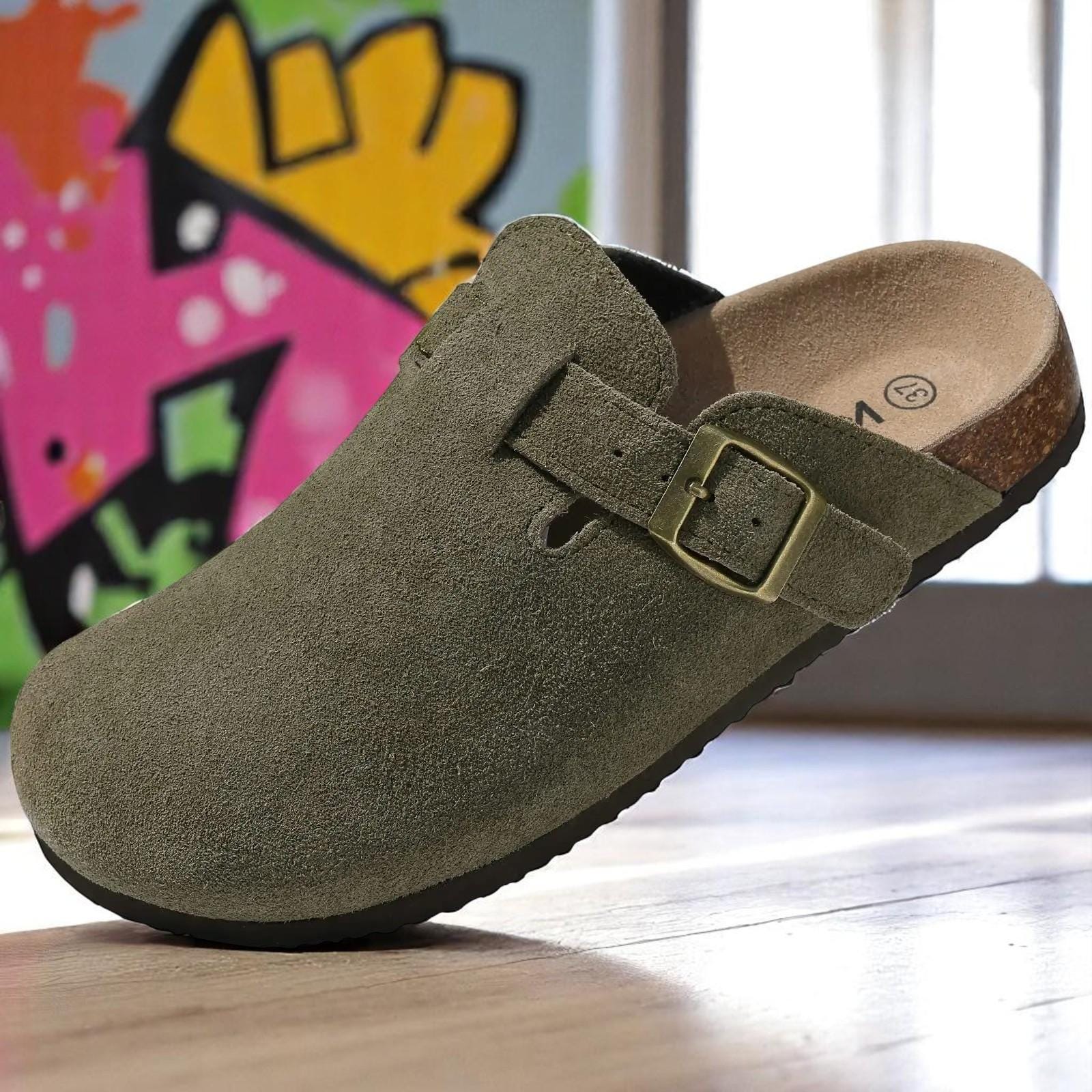 KIDMI Women's Suede Clogs Leather Mules Cork Footbed Sandals Potato Shoes With Arch Support Taupe 40 Size 8 5
