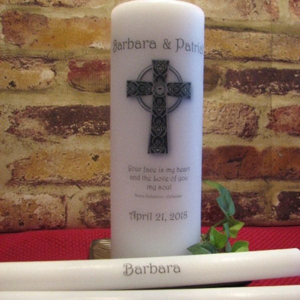 Celtic Cross/Unity Candle 3 Piece Set/WHITE w/Wick or Tealight/ Traditional Celtic Vow Verse/Outlander Verse