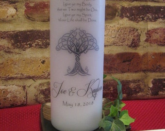 Celtic Tree/Unity Candle 3 Piece Set /WHITE w/Wick or Tealight Cup Insert/ Traditional Celtic Vow Verse/ Outlander Wedding Vows