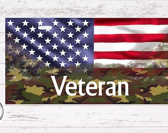 Custom Veteran License Plate: American Flag and Camo, Military Service