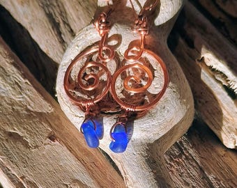 Rustic Copper & Cobalt Blue Sea glass earrings, Artisan Wire Wrapped Drops