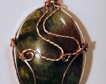 Earthy Moss Agate Pendant in Copper Wire, Artisan Jewelry