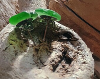 Emerald Green Beach Glass Silver Stud Earrings – Artisan Coastal Jewelry