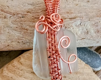 Copper wire wrapped beach glass pendant