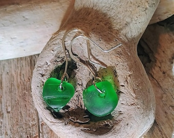 Handmade Silver Dangle Earrings with Green Beach Glass