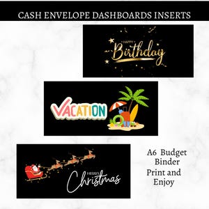 Puede incluir: Paneles de control de sobres de efectivo negros con tres diseños: "Happy Birthday" en escritura dorada, una escena de vacaciones con una palmera y "Merry Christmas" con el trineo de Papá Noel. Incluye texto: A6 Budget Binder Print and Enjoy.