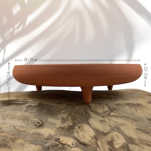 Könnte beinhalten: Ein ovaler Blumentopf in Terrakotta-Farbe mit drei kurzen Beinen. Der Pflanztopf misst 24-55 cm in der Länge und 5,5-6,5 cm in der Höhe, mit einer Tiefe von 2,5-3 cm. Die Oberfläche hat ein strukturiertes Aussehen. Ideal für Sukkulenten oder kleine Pflanzen.