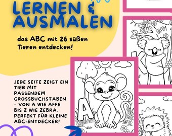 ABC Ausmalbuch mit Tieren – 26 Buchstaben als PDF – Lern-Malbuch für Kinder – Digitales Ausmalheft zum Download