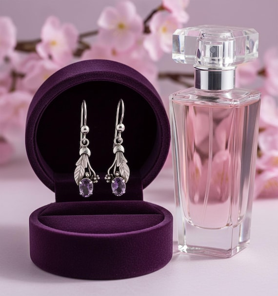 Vintage Silberohrringe mit natürlichem Amethyst, florale Ohrhänger mit Blatt-Design, romantischer Edelsteinschmuck für Damen