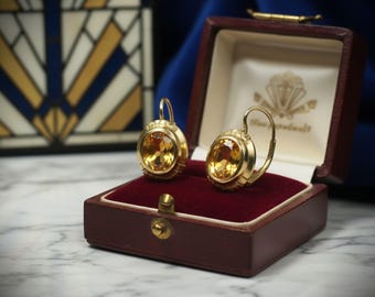 Pendientes K&L de oro 333 con gema amarilla – Renacimiento victoriano – Pendientes colgantes vintage – 17 mm – Hechos a mano
