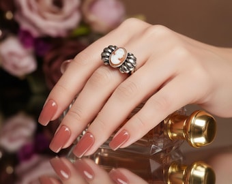 Anello cammeo antico, argento 835 – Ritratto di gemma in conchiglia intagliato a mano – Anello vintage da donna, taglia 57, classico