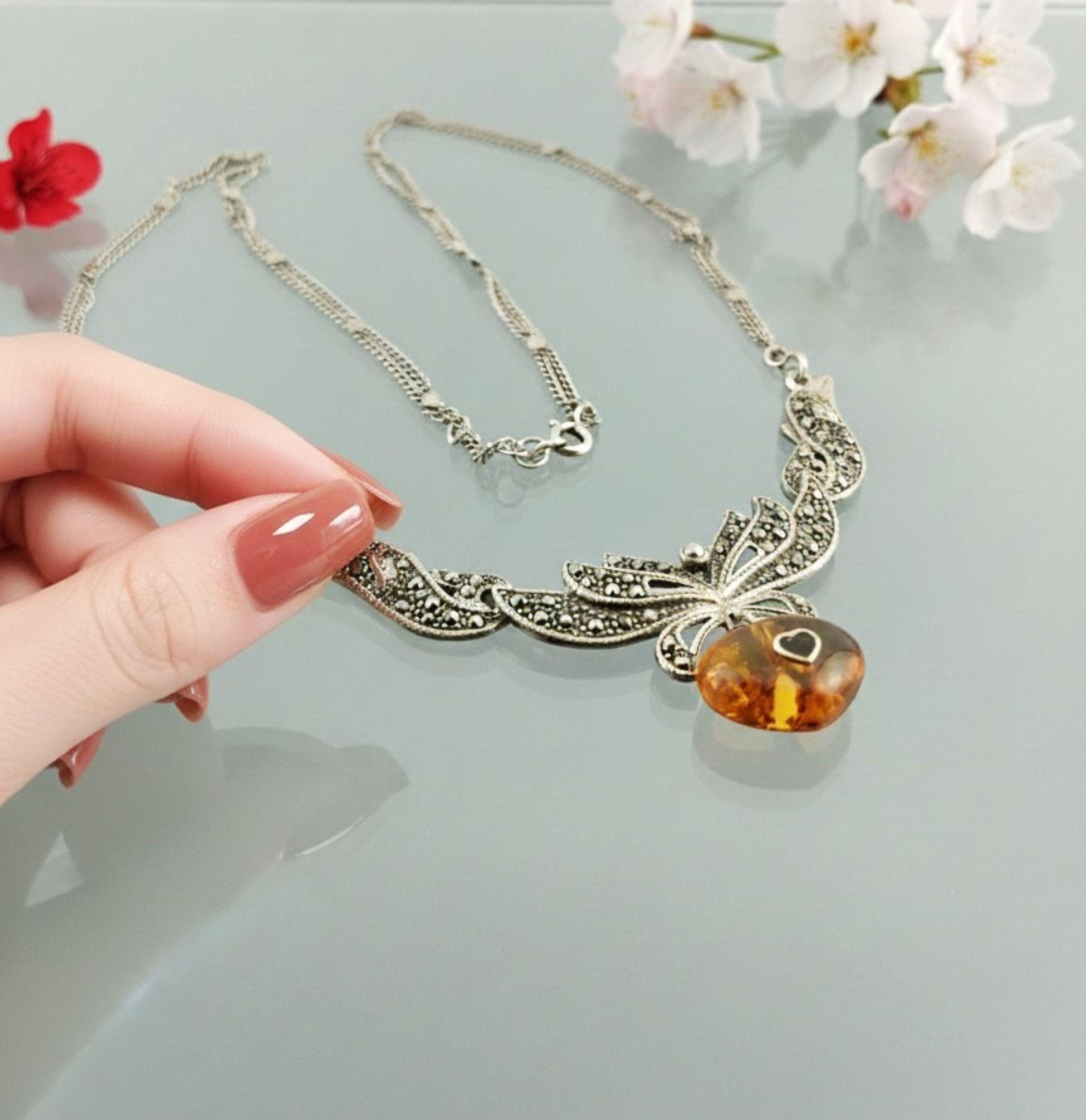 Pendentif Argent Massif Et Ambre Jaune Style Art Nouveau - Bijoux Occasion