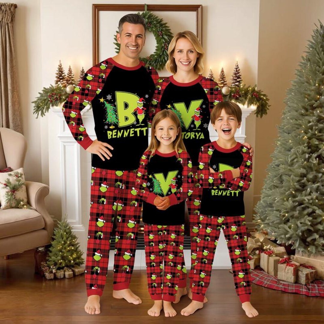 Family Matching Grinch Christmas Raglan Pajamas Set, Funny Holiday ...
