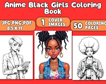 Anime Black Girls Coloring Book | 50 Grayscale Manga Pages (PDF)