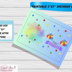 Cartão de aniversário para imprimir - Download instantâneo, tema de balões coloridos, cartão dobrável para crianças e adultos