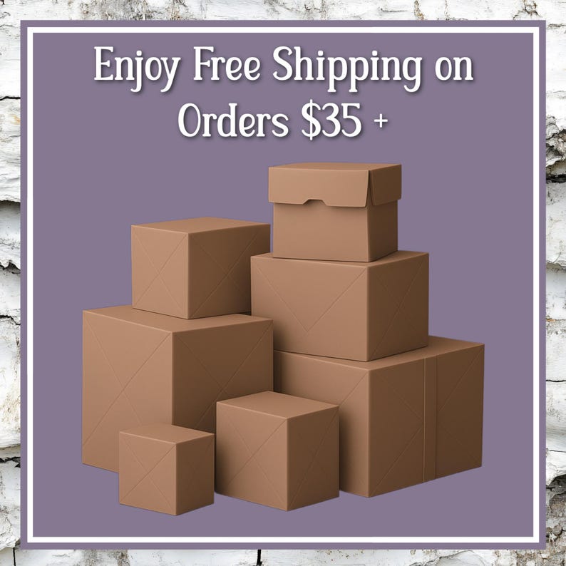 A stack of boxes sits in front of a purple background with the words Enjoy free shipping on all orders $35 and up written across the top. Blusheree