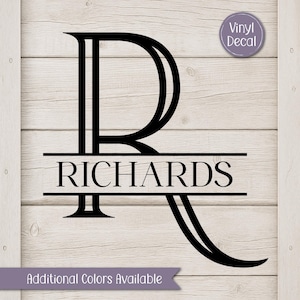 May include: A black vinyl decal featuring a large stylized letter R with a horizontal line cutting through the center. The name RICHARDS is printed in black capital letters within the horizontal line. A circular badge reads Vinyl Decal.